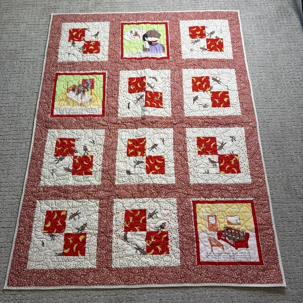 Whimsical 5 Little Monkeys Jumping on Bed Story Crib Quilt Patchwork Linus